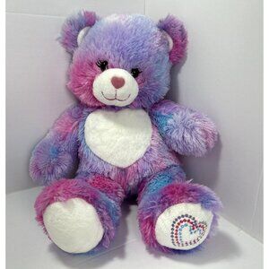 Build-A-Bear Rainbow Teddy Bear Plush 16”Pink Purple Blue Heart Embroidery Patch